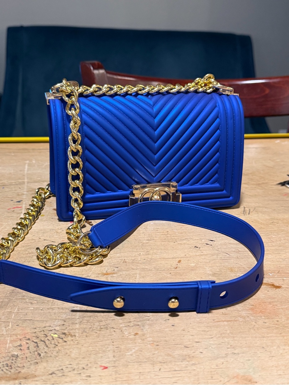 Quilted Chevron Crossbody Bag in Royal Blue with Gold Chain
